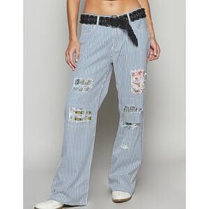 POL Striped Patchwork Wide-Leg Pants - Blue/White